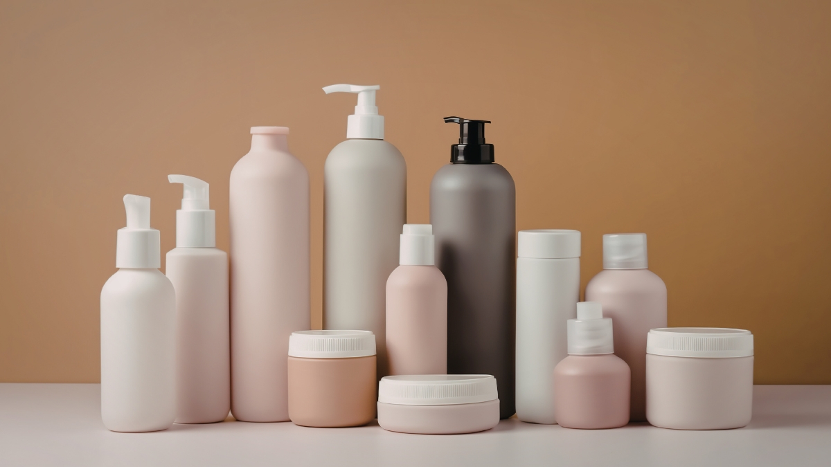 Minimalist beauty and skincare products in neutral-toned bottles and jars on display