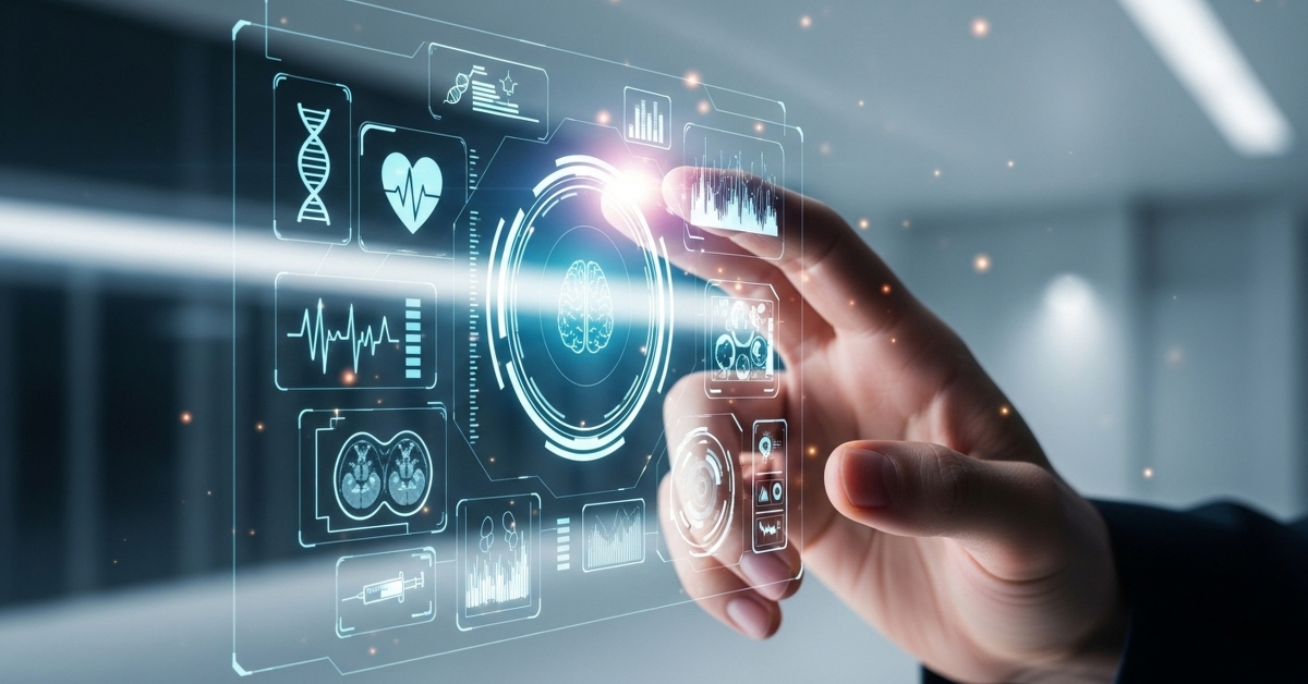 Hand interacting with digital health interface displaying continuous health data and biometric metrics