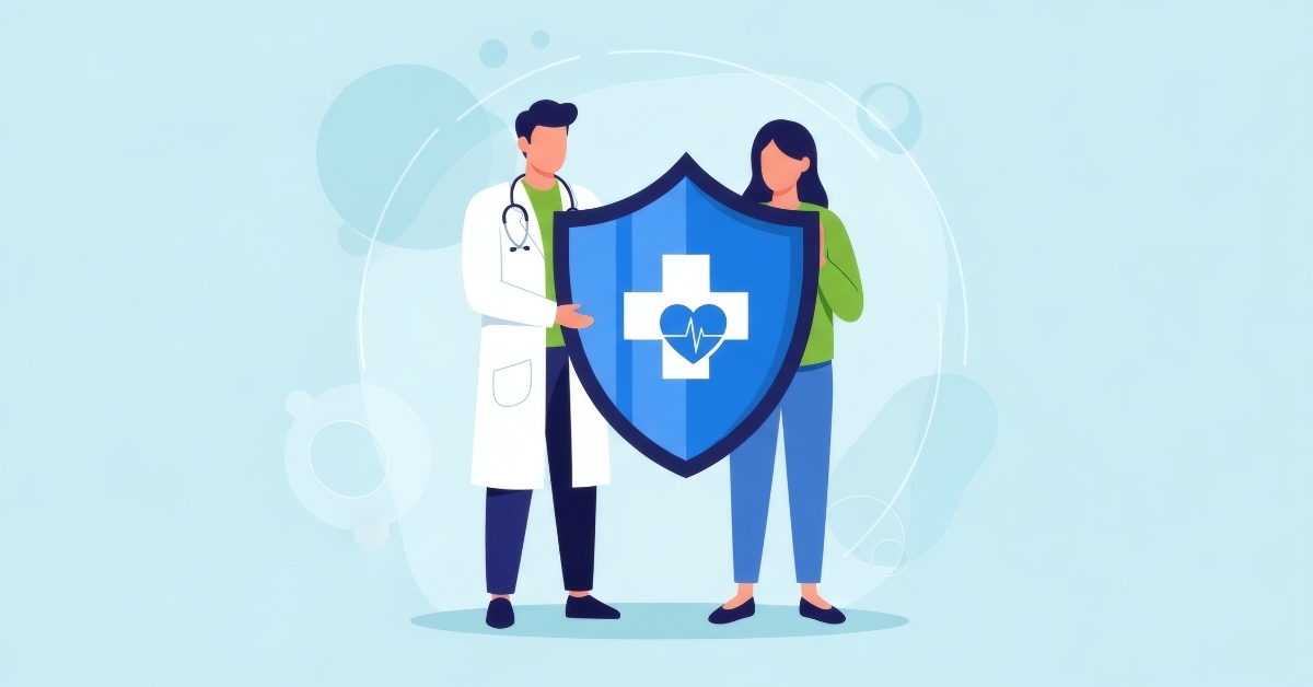 Doctor and patient holding a shield with heart icon symbolizing health data protection and care