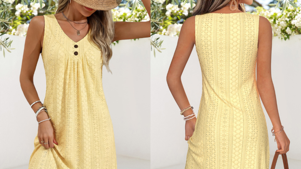 Light Yellow Short Shirred Sleeveless V Neck Dress